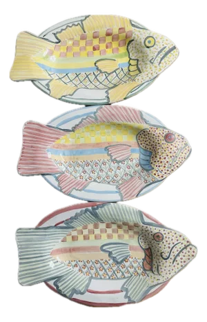 Mackenzie-Childs Hand Painted Terracotta Fish Platters or Wall Decor - Set of 3