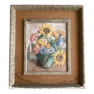 Antique Floral Still Life Painting on Paper Framed Signed Circa 1936 For Sale