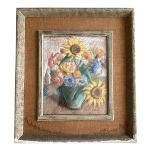 Antique Floral Still Life Painting on Paper Framed Signed Circa 1936