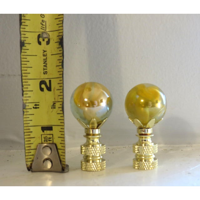 Blown Murano Glass Table Lamp Finials. Cat's Eye Gold, Clear, Swirl Brass Bases, a Pair For Sale - Image 4 of 7