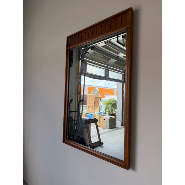 1970s 1970s Mid-Century Modern Walnut Wall Mirror With Carved Geometric Details For Sale - Image 5 of 13