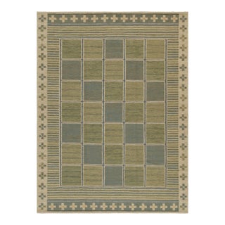 Rug & Kilim's Scandinavian Style Custom Kilim Rug in Green and Blue Geometric Pattern - 9'x12' For Sale