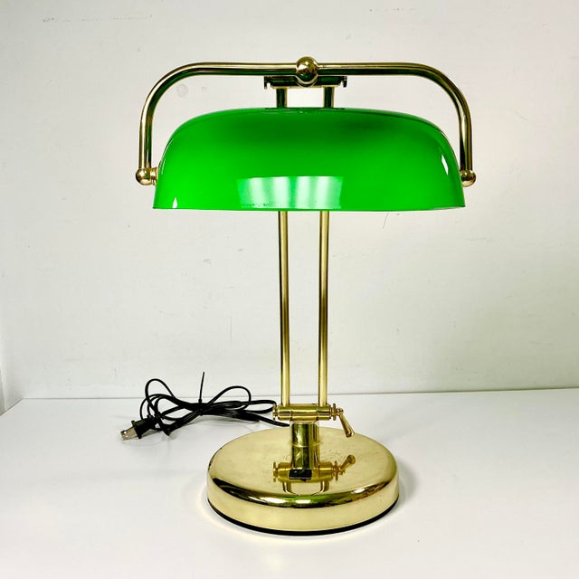 1970s Vintage Art Deco Arts & Crafts Emeraldite Bottle Green Glass Shade Brass Bankers Desk Lamp For Sale - Image 4 of 16