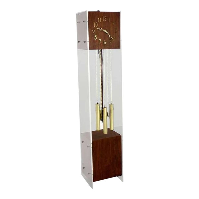 Mid Century Modern Walnut Lucite Grandfather Clock With Chime For Sale