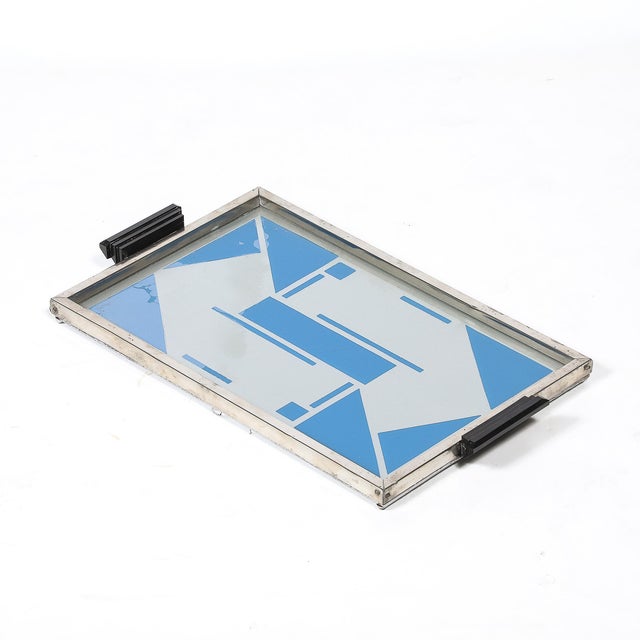 Art Deco Reverse Eglomise Blue & White Geometric Motif in Nickel & Bakelite Tray For Sale - Image 9 of 12