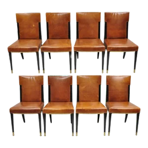 Late 20th Century French Art Deco Style Brown Leather Ebonized Frame Dining Chairs - Set of 8