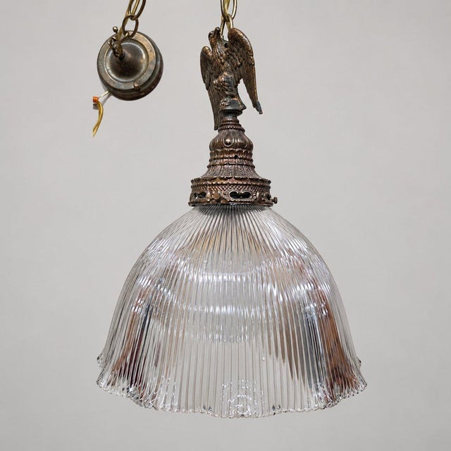 Vintage Eagle Pendant Light, Ribbed Glass Shade, Upcycled Fixture For Sale - Image 10 of 16