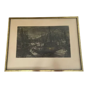 1970s Vintage Signed and Framed Etching Print by Suzanne Rauacher of Abstract Sailboats