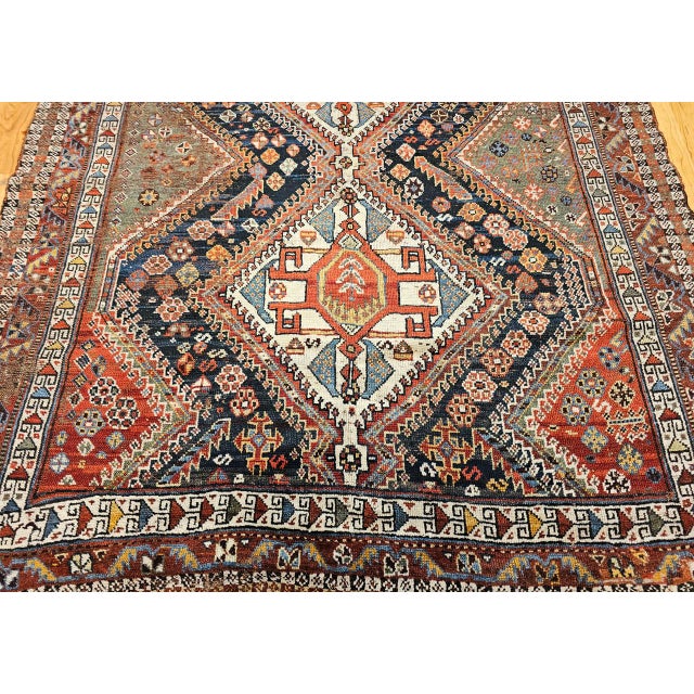 Vintage Persian Qashqai Tribal Area Rug, Hand-Knotted Wool, Geometric Medallions, 4x7, Navy & Red For Sale - Image 14 of 18