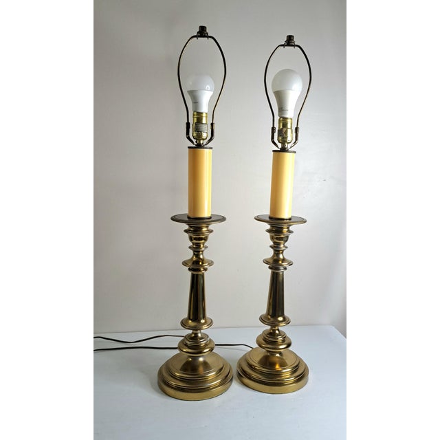 Mid-Century Modern Vintage Mid-Century Modern Heavy Brass Beehive Candlestick Boudoir Table Lamps 31" Tall - a Pair For Sale - Image 3 of 10