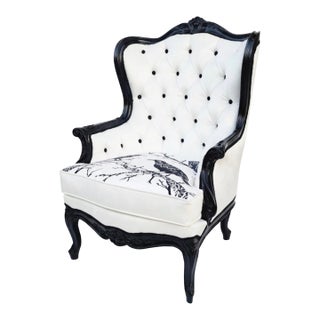 1960s Gothic Raven Crow White Velvet and Embroidery Black and White Armchair For Sale