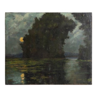 Romantic Moonlight River Landscape, Vintage Original Impressionist Oil Painting, Early-Mid 20th Century For Sale