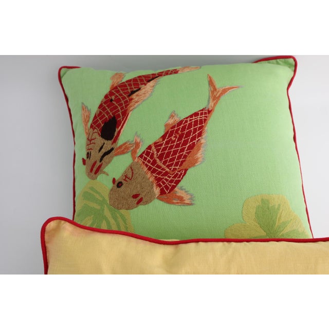 Green Vibrant Pair of Koi Fish Hand Embroidered Pillow Covers 21" Square, Good Fortune For Sale - Image 8 of 10