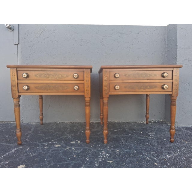 Pair 1950's Traditional style End Tables/ Nightstands by Lambert Hitchcock. 2 drawer, porcelain knob inserts. Artistic...