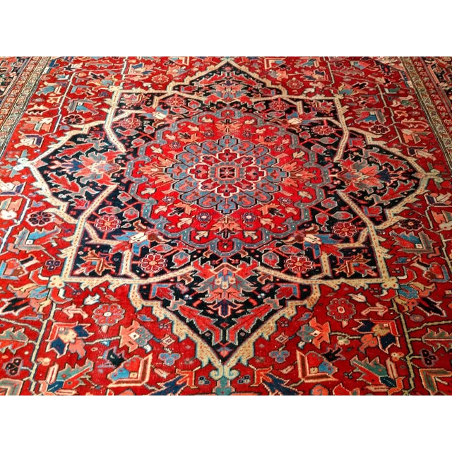 Textile Vintage Oversize Persian Heriz Serapi Rug, Hand-Knotted Geometric Pattern, Red & Blue, 11’ X 15’ For Sale - Image 7 of 12