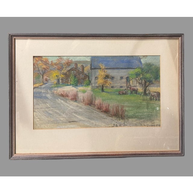 Vintage Countryside Landscape Framed Pastel Watercolor Painting W Cows For Sale - Image 6 of 6