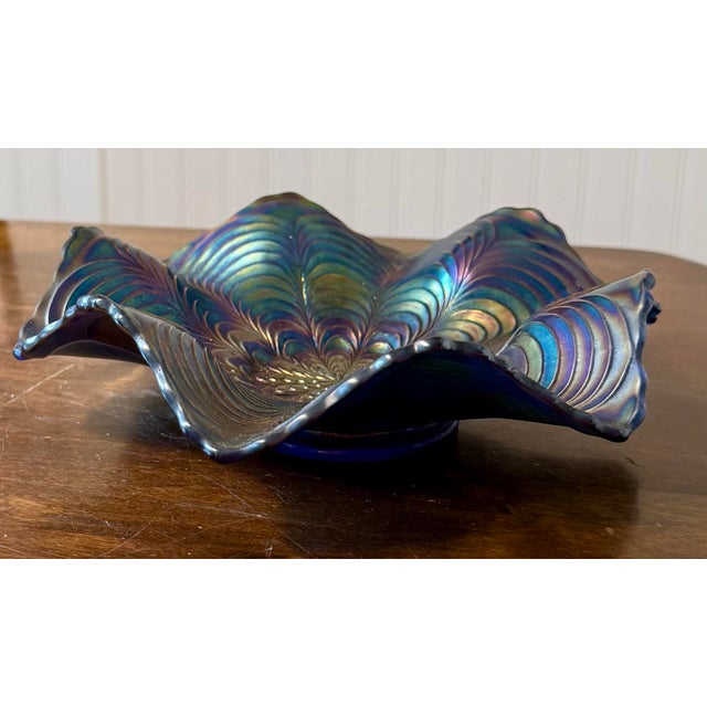 1910s Fenton Peacock Tail Blue Ruffled Dish For Sale - Image 11 of 12
