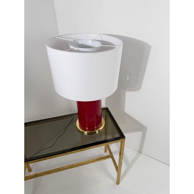 Italian Ruby Red Glazed Ceramic and Brass Twin Table Lamps, 1970s, Set of 2 For Sale - Image 4 of 18