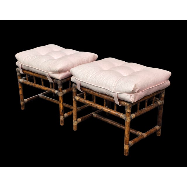 This Pair of mid-century Hollywood Regency faux bamboo benches has a lot of decorative charm with its combination of...