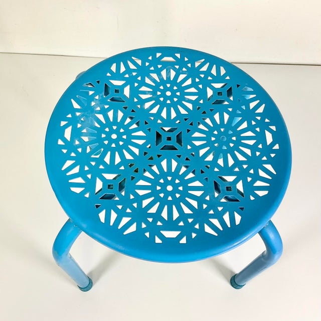 Mid-Century Modern Mid-Century Boho Chic Atomic Pierced Metal Outdoor Patio Low Stool. For Sale - Image 3 of 12