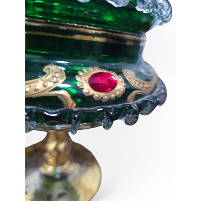 Glass Venetian Emerald Green Glass Covered Bonbonnière with Gilt Decoration and Jewele, 1950 For Sale - Image 7 of 14