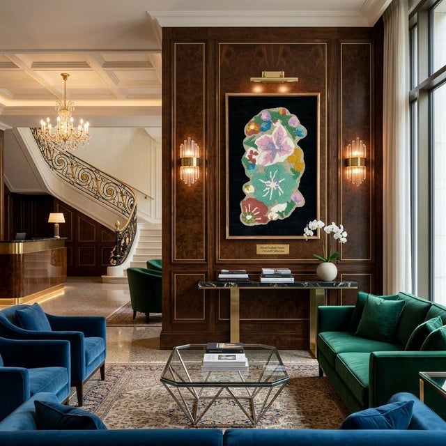 Art Deco Hand-Tufted Floral Textile Wall Art in Natural Wood Frame / Size 26" X 38" For Sale - Image 3 of 14