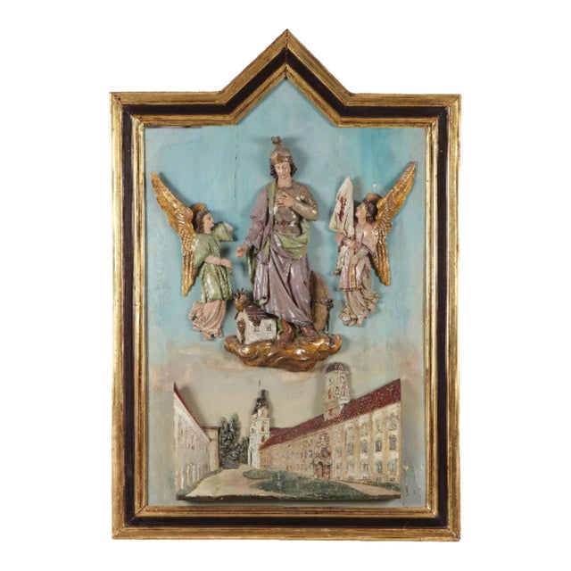 Large 19th Century Saint Florian Carved Relief Plaque in Gilt Arched Frame For Sale