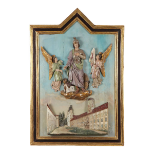 Large 19th Century Saint Florian Carved Relief Plaque in Gilt Arched Frame