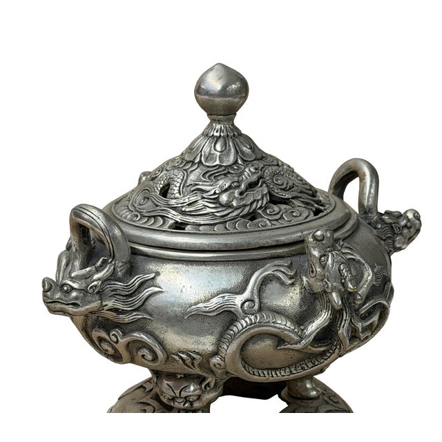 Chinese Silver Color Round Dragon Theme Incense Burner Display Art For Sale - Image 15 of 18
