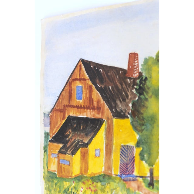 1950 Mid-Century Swedish Folk Art Original Watercolor Painting of a Traditional Half-Timbered House For Sale - Image 4 of 7