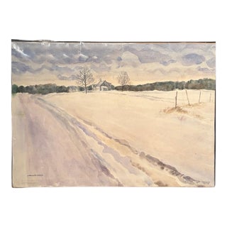 Original Watercolor Painting by Listed American Artist J. Philip Richards of a Winter Farm Landscape For Sale