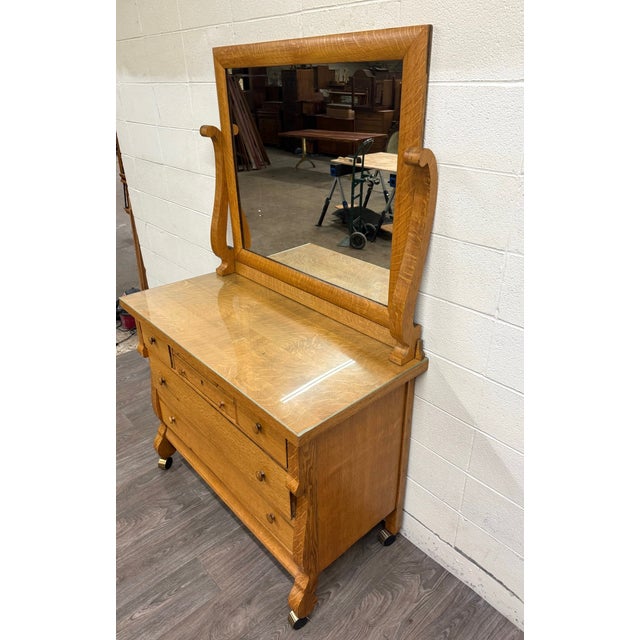 Antique American Empire Revival Oak Lowboy Dresser Chest of Drawers With Mirror For Sale - Image 10 of 18
