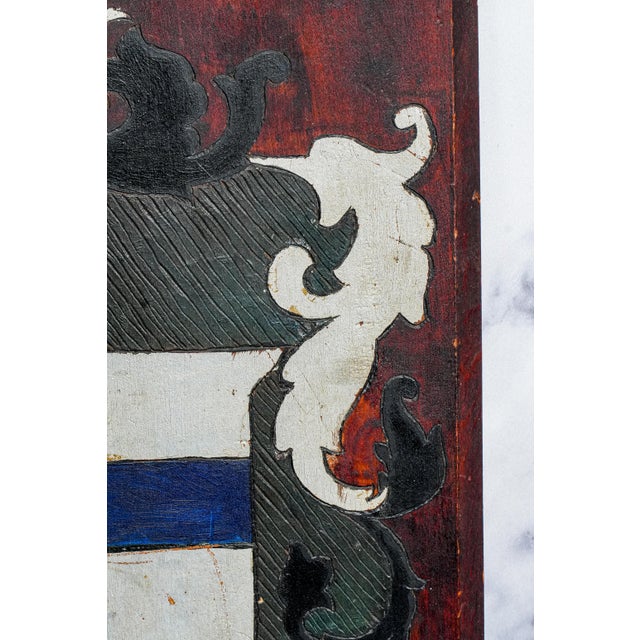 Brown Distinguished Antique Heraldic Coat of Arms Plaque Hand-Made Painted Wood Armorial For Sale - Image 8 of 14