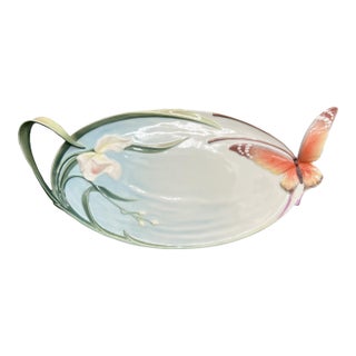 Franz Papillon Porcelain Iris & Butterfly Sculptural Platter Xp1694 – Art Nouveau Botanical Serveware - Spring/ Easter For Sale