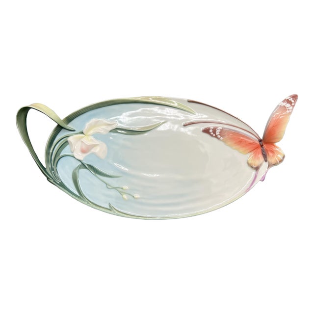 Franz Papillon Porcelain Iris & Butterfly Sculptural Platter Xp1694 – Art Nouveau Botanical Serveware - Spring/ Easter For Sale