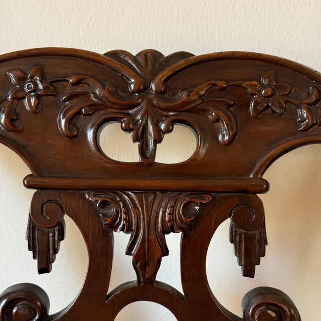 Wood Early 20th C Hand Carved Mahogany Chippendale Arm Chairs With Velvet Cushions, a Pair For Sale - Image 7 of 11