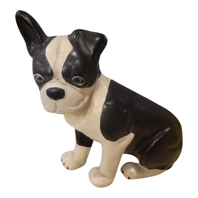 Vintage French Bulldog Black White Cast Iron Door Stop For Sale