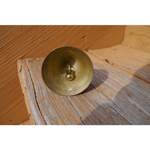 Metal VTG Patina Heavy Solid Brass School Bell W Embossed Figural Owl Shape Handle For Sale - Image 7 of 10