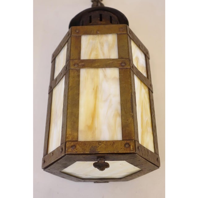 1910s Arts & Crafts Copper Iron Stained Glass Mission Hexagon Chimney Lantern Hanging Lamp 1910's For Sale - Image 10 of 14