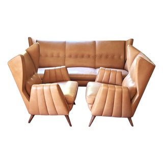 Wingback Living Room Set in Leather, 1950s, Set of 3 For Sale