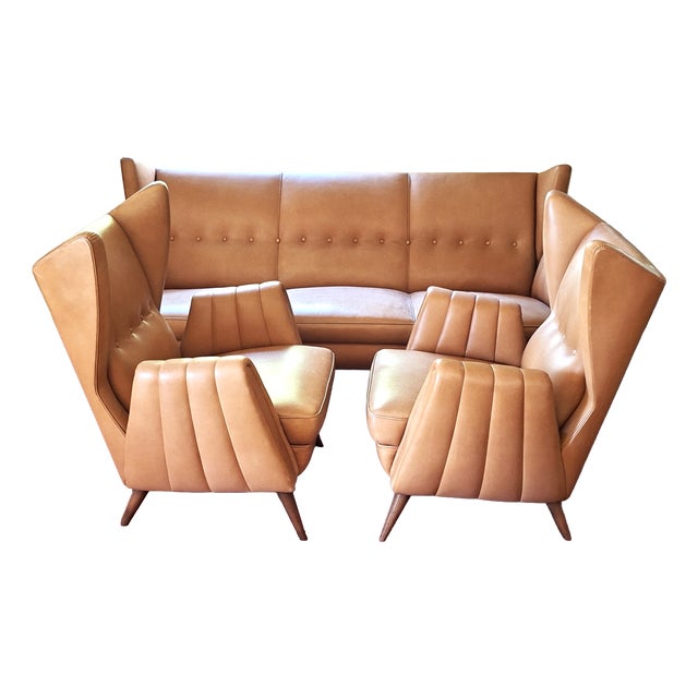 Wingback Living Room Set in Leather, 1950s, Set of 3 For Sale
