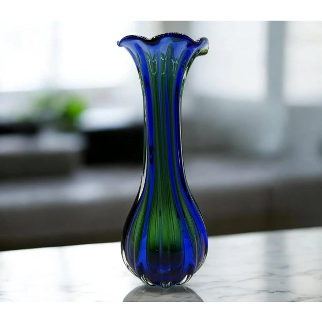 Glass Green and Blue Ribbed Murano Glass Vase, 1960s For Sale - Image 7 of 10