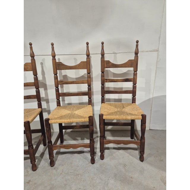 Brutalist Vintage Rustic Wooden Chairs with Rush Seat, 1960s, Set of 4 For Sale - Image 3 of 7