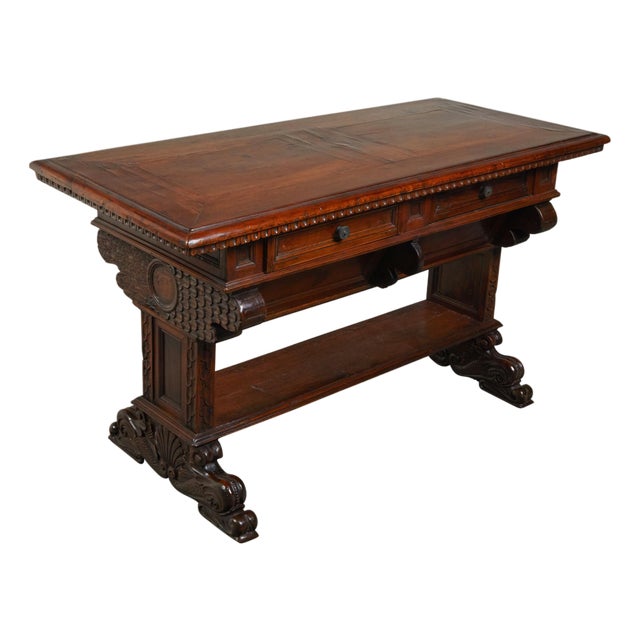 Italian 1800s Walnut Trestle Base Table with Two Drawers and Carved Motifs For Sale