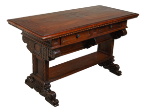 Italian 1800s Walnut Trestle Base Table with Two Drawers and Carved Motifs