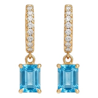 Blue Topaz Huggie Hoop Earrings | Blue Gemstone Dangle Hoops | Dainty Everyday Earrings for Woman - A Pair For Sale