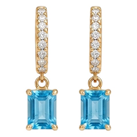 Blue Topaz Huggie Hoop Earrings | Blue Gemstone Dangle Hoops | Dainty Everyday Earrings for Woman - A Pair For Sale