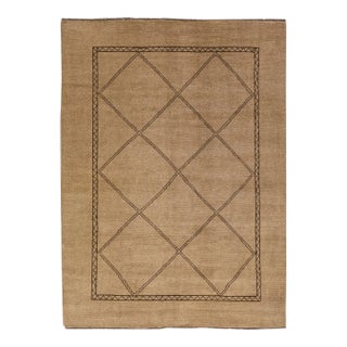 Modern Moroccan Style Handmade Brown Wool Rug With Geometric Motif For Sale