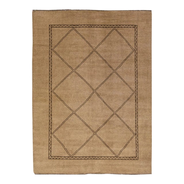 Modern Moroccan Style Handmade Brown Wool Rug With Geometric Motif For Sale