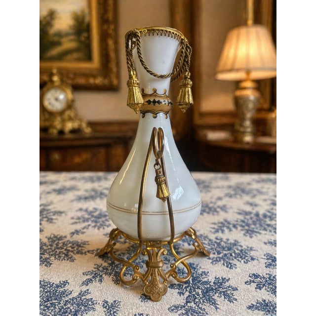 French Antique French White Opaline Vase With Bronze Tassel Mounts, Baccarat Label For Sale - Image 3 of 6